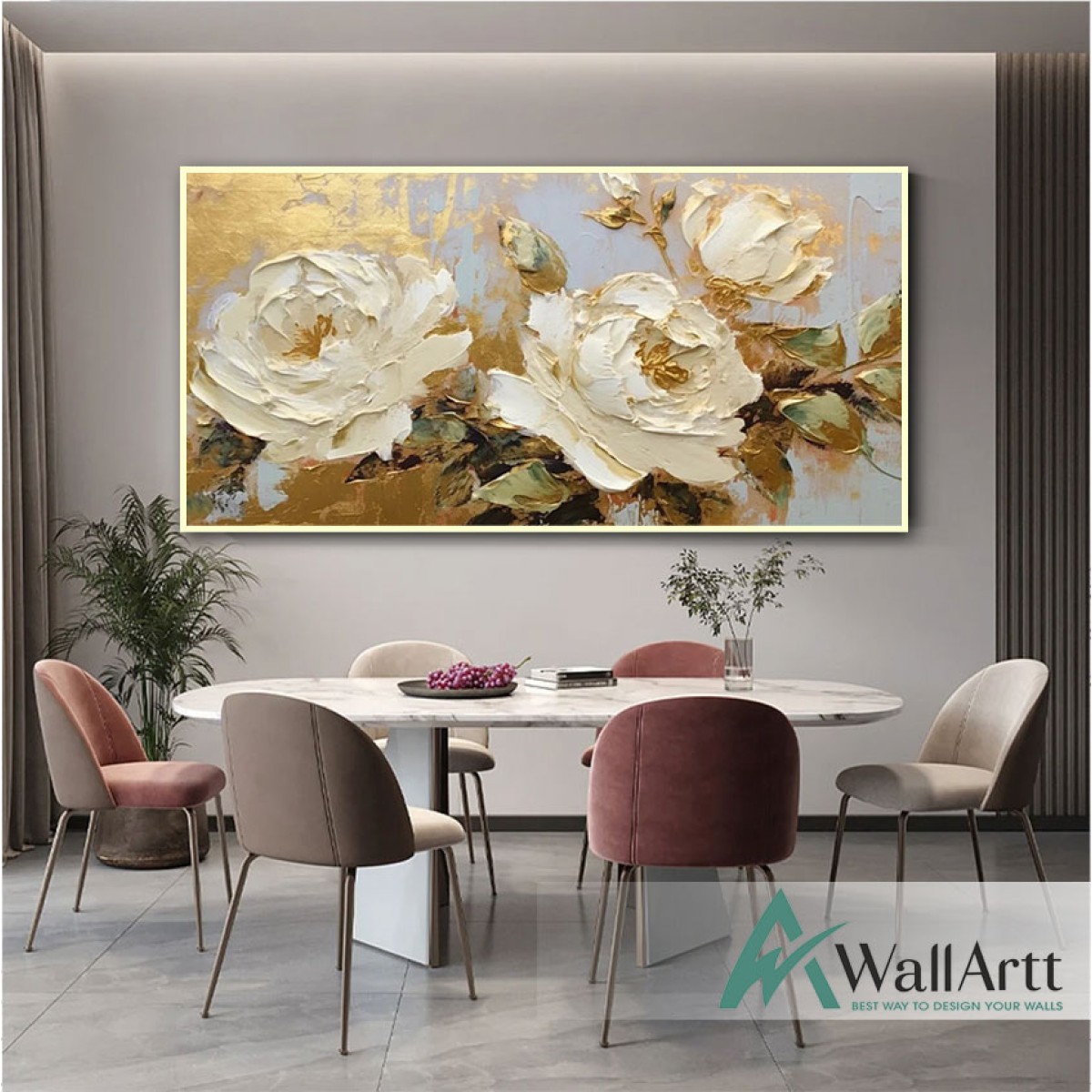 Cream Roses with Gold Leaf 3d Heavy Textured Partial Oil Painting